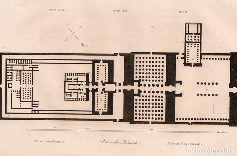 Arte: GRABADO AL ACERO DE 1839, PLANTA DEL COMPLEJO DEL TEMPLO DE KARNAK, TEBAS, ANTIGUO EGIPTO, LEMA&Icirc;TRE