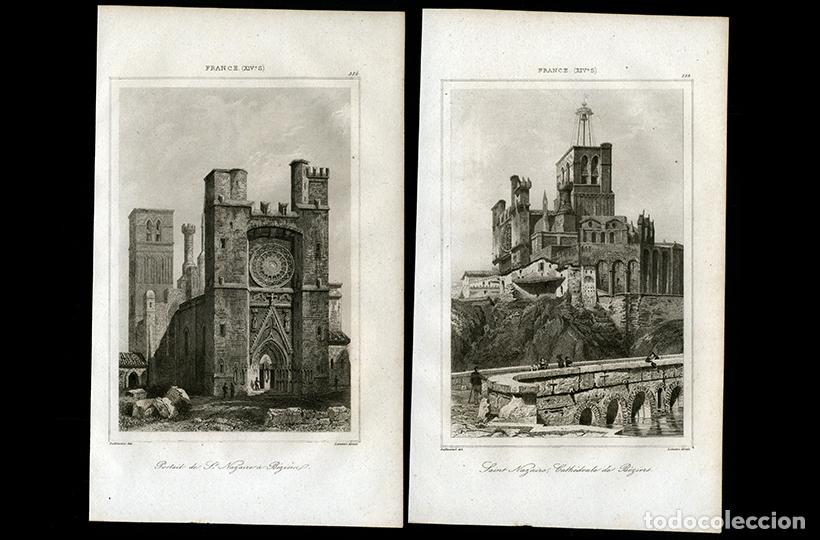 Arte: 2 GRABADOS AL ACERO DE 1942, VISTAS DE LA CATEDRAL DE SAN NAZARIO DE B&Eacute;ZIERS, FRANCIA, DE LEMA&Icirc;TRE