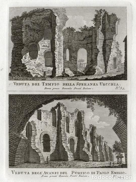 Arte: GRABADO A BURIL 1795, 2 VISTAS DE ROMA, DOMENICO PRONTI. TEMPLO SPES VETUS, PORTICUS EMILIA EMPORIUM
