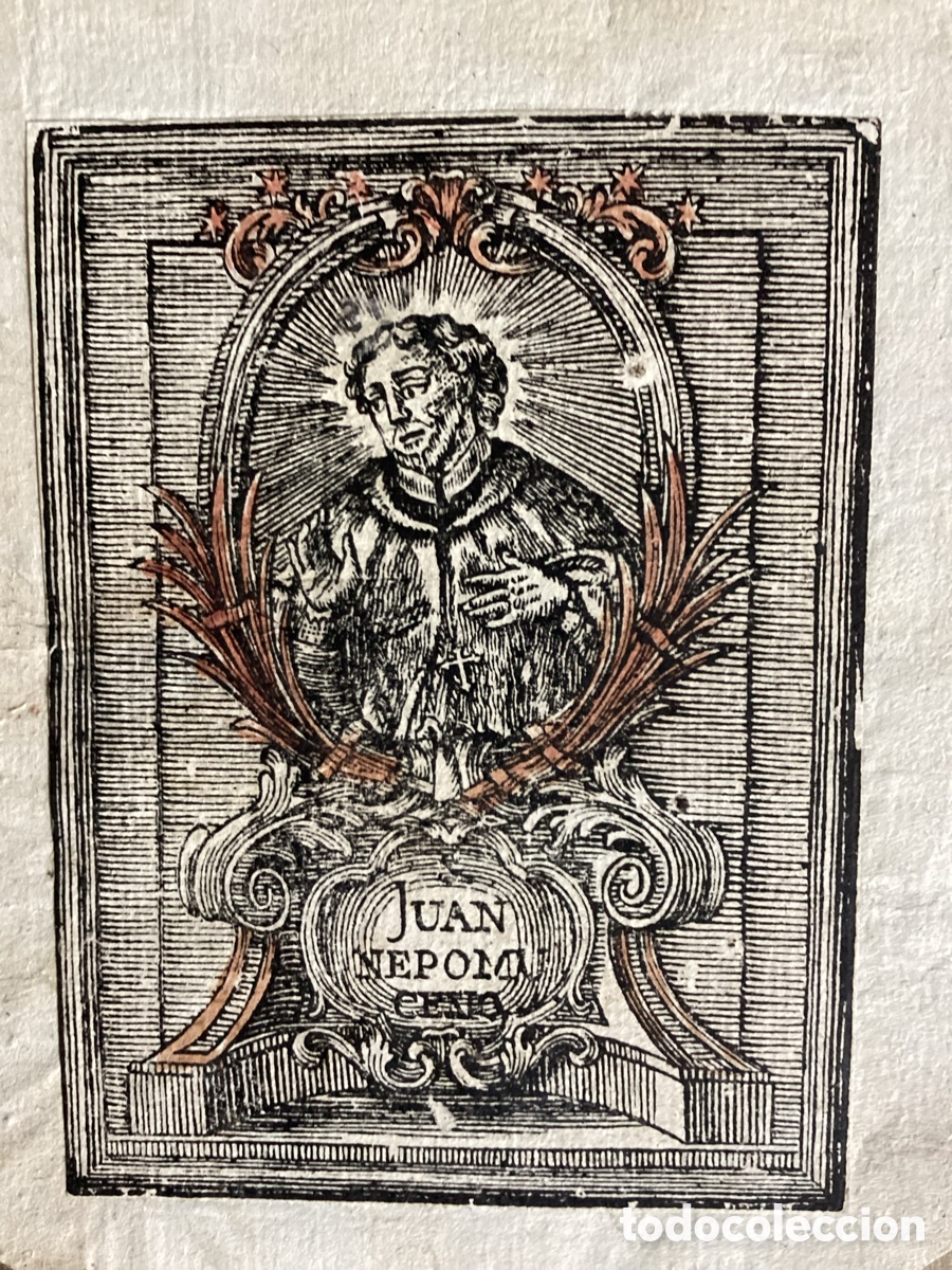 Arte: Grabado xilogr&aacute;fico coloreado a mano de San Juan Nepomuceno