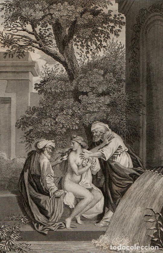 Arte: GRABADO AL ACERO DE 1836, BIBLIA VULGATA MAESTRO DE SACY. LOS DOS VIEJOS TIENTAN A SUSANA. L. BERLIE