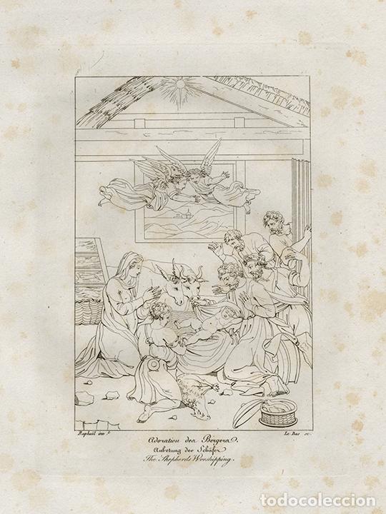 Arte: GRABADO L&Iacute;NEA COBRE DE 1819, LA ADORACI&Oacute;N DE LOS PASTORES, DE RAFAEL SANZIO, GRAV&Oacute; LE BAS, R. BOWYER