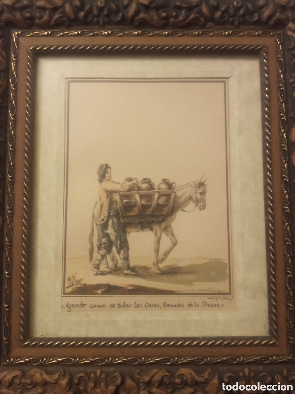 Arte: Antiguo grabado enmarcado de Manuel de la Cruz, Aguador de la burra, mide enmarcado 26x23cm