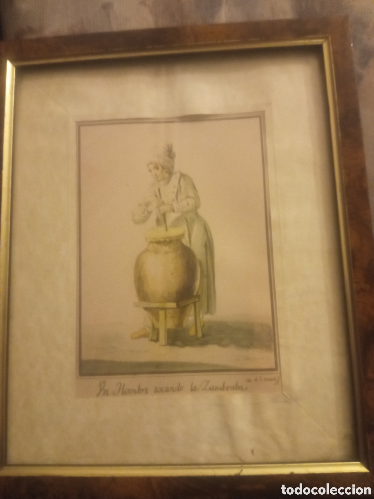 Arte: Hombre tocando la Zambomba. Antiguo grabado enmarcado de Manuel de la Cruz, mide enmarcado 24x20 cm6
