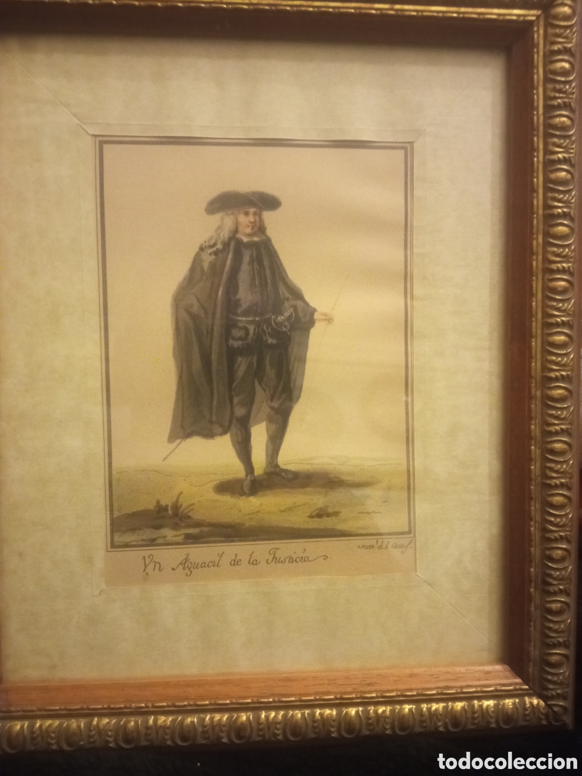 Arte: Alguacil de la justicia, Antiguo grabado enmarcado de Manuel de la Cruz, mide enmarcado 25,5x21,5 cm