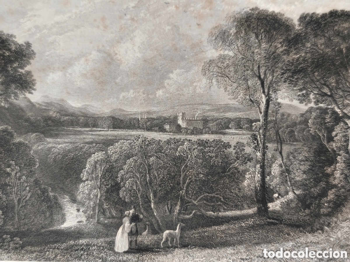 Arte: Grabado antiguo ingl&eacute;s Gordon Castle &ndash; Paisaje escoc&eacute;s &ndash; W. Forrest -Siglo XIX