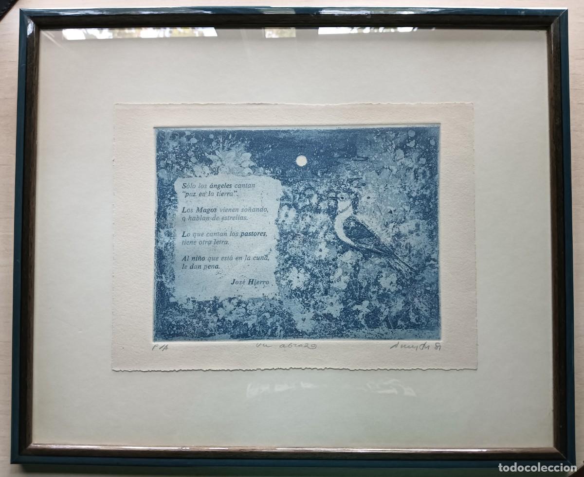 Arte: Dimitri Papagueorguiu (Platanos, Grecia, 1928) grabado 16x21cms Marco 33x40 Poema Jos&eacute; Hierro. Firma