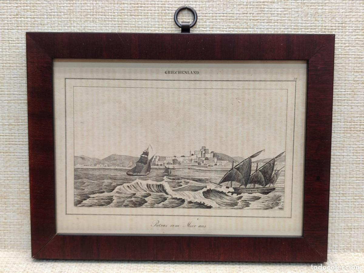 Arte: Patras visto desde el mar. Welt-Gem&auml;lde-Gallerie. 1836. Grabado. Cuadro.