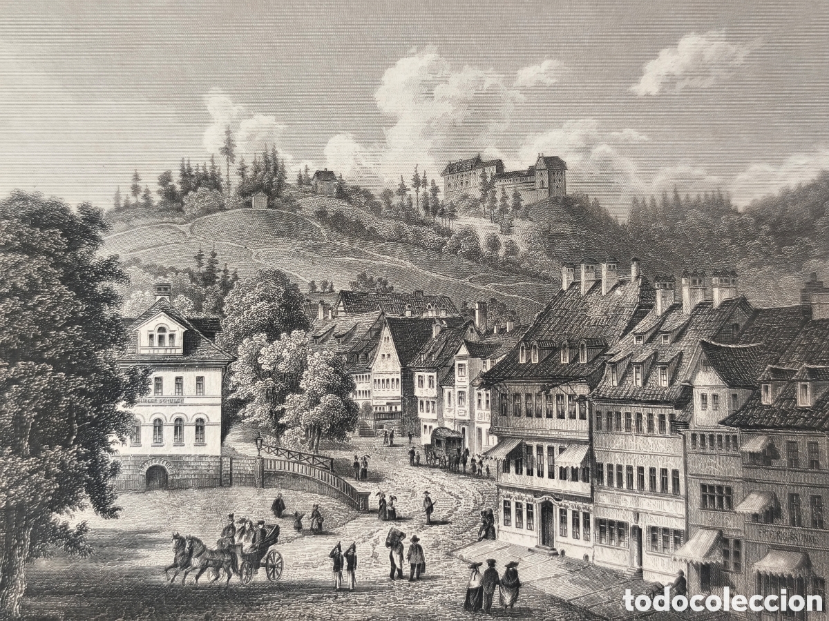 Arte: Grabado original siglo XIX &ndash; Eisenach, plaza del mercado y castillo de Wartburg, Alemania, 1856