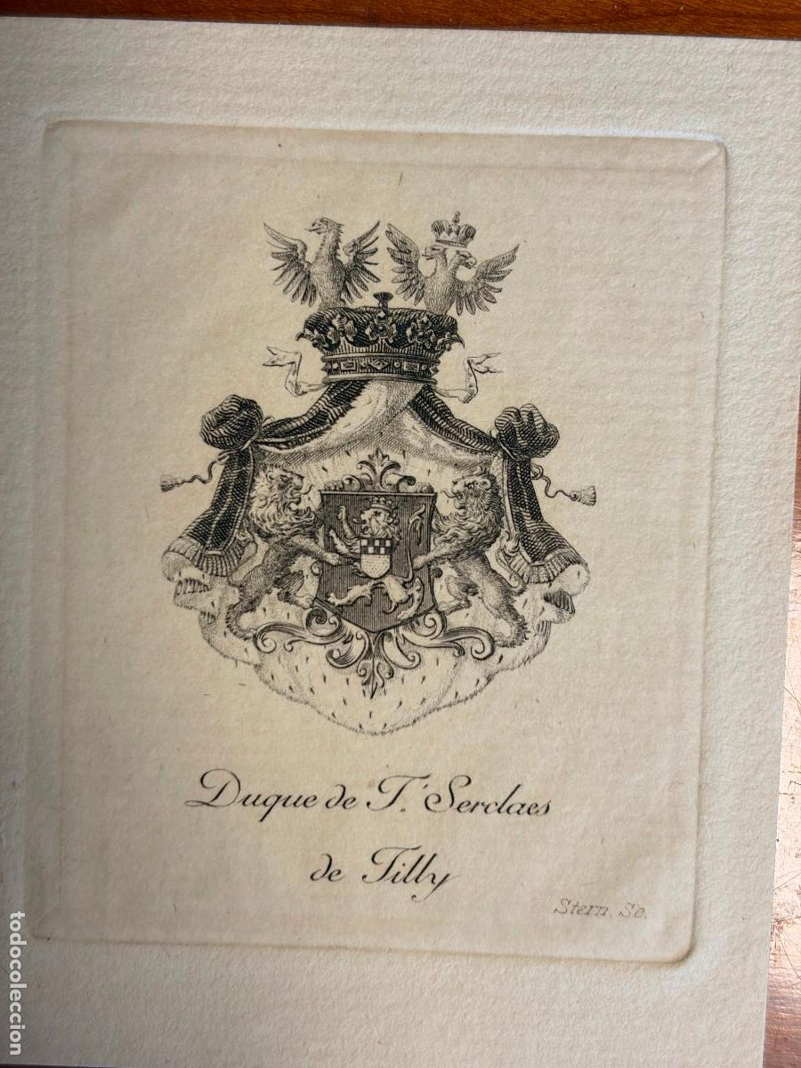 Arte: Antiguo grabado her&aacute;ldico del duque de T. Serclaes de Tilly, Stern, Par&iacute;s, 9x7cm