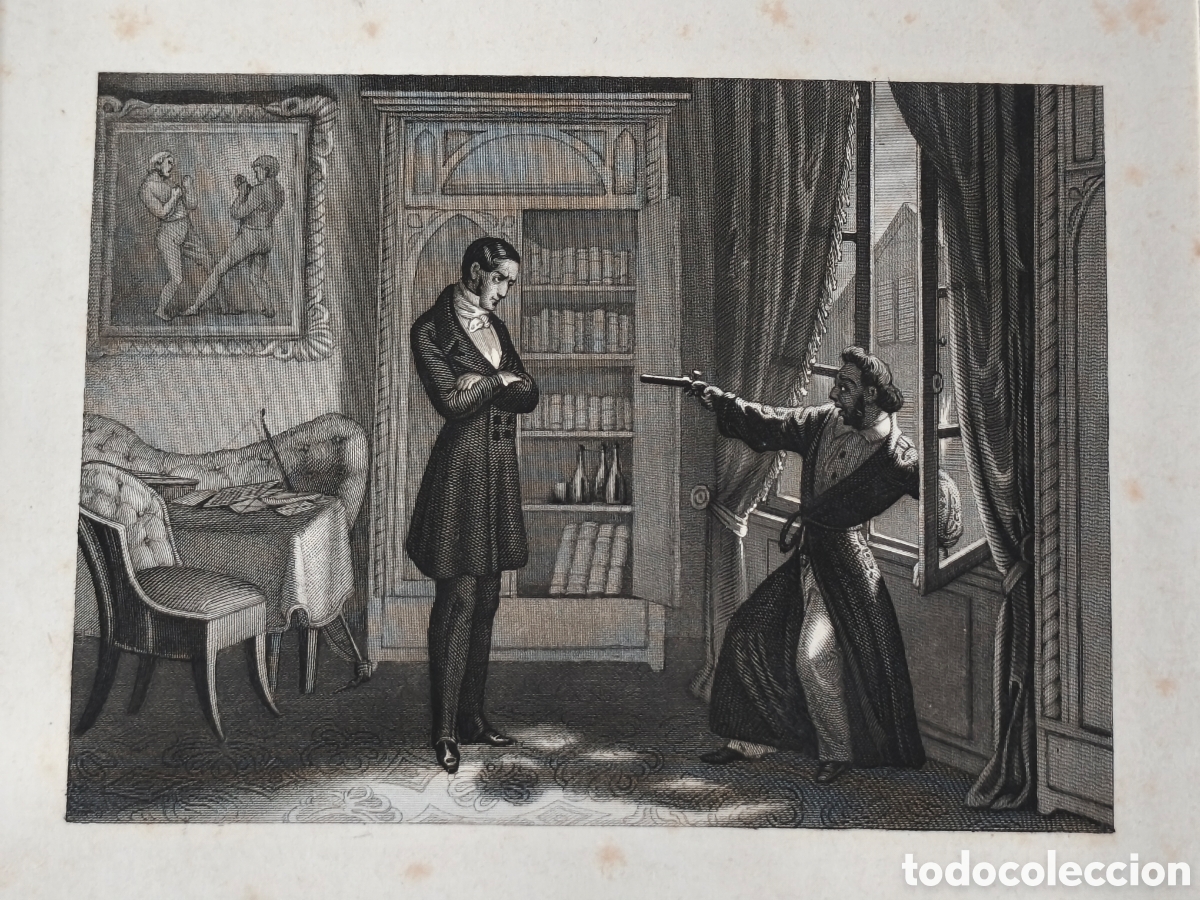 Arte: ANTIGUO GRABADO DEL SIGLO XIX &ndash; ESCENA DE AMENAZA CON PISTOLA &ndash; ILUSTRACI&Oacute;N SIN IDENTIFICAR &ndash; PIEZA