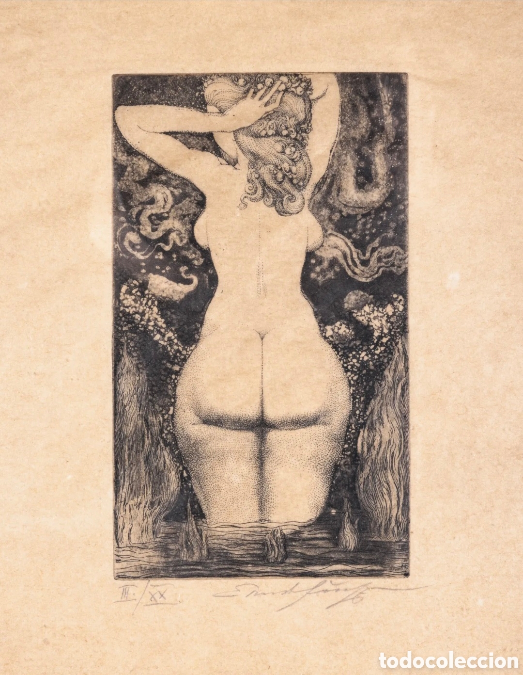 Arte: Ernst FUCHS 1930-2015 R&uuml;ckenakt im bach 1926 Aguafuerte blanco y negro firmado y fechado abajo dcha
