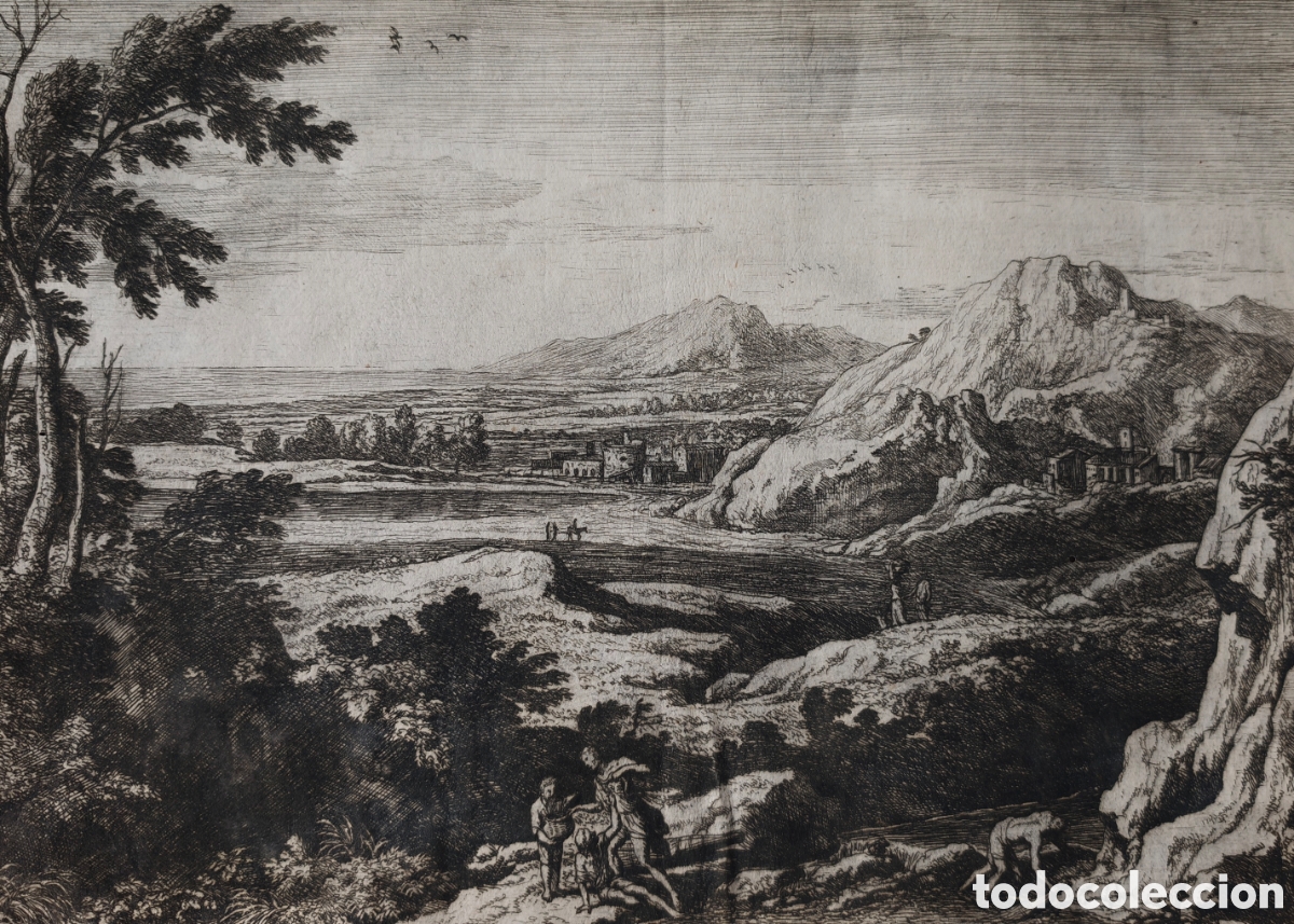 Arte: Adrien Manglard (1695-1760). Grabado. Aguafuerte. Firmado en plancha. 1753. Original. Paisaje. Roma.