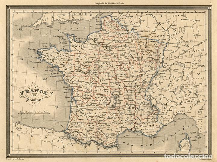 Arte: MAPA PROVINCIAS HIST&Oacute;RICAS DE FRANCIA, DE 1845, POR VUILLEMIN. GRABADO AL ACERO, COLOREADO A MANO