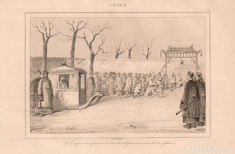 Arte: GRABADO AL ACERO DE 1853, ESPECT&Aacute;CULO INVERNAL EN LA CIUDAD PROHIBIDA, ANTIGUA CHINA, DE LEMA&Icirc;TRE