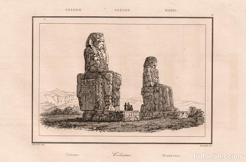 Arte: GRABADO AL ACERO DE 1839, VISTA DE LOS COLOSOS DE MEMN&Oacute;N EN TEBAS, ANTIGUO EGIPTO, DE LEMA&Icirc;TRE