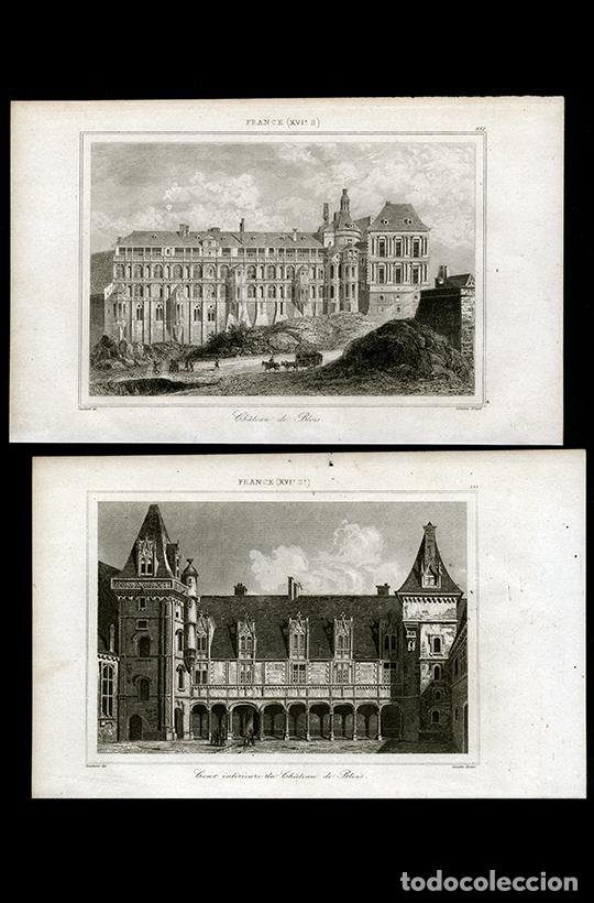 Arte: 2 GRABADOS AL ACERO DE 1943, VISTAS DEL CASTILLO PALACIO DE BLOIS, LOIRA, FRANCIA, DE LEMA&Icirc;TRE