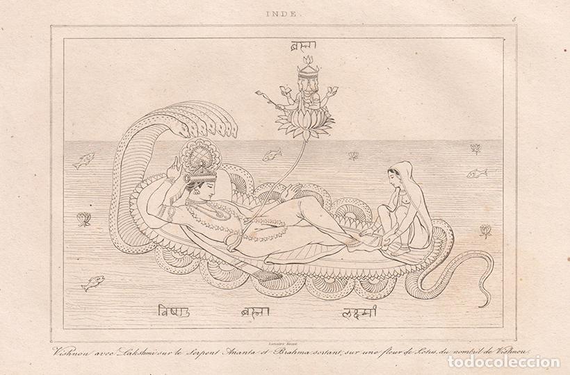Arte: GRABADO AL ACERO DE 1845, SUE&Ntilde;O DE VISHNU, MITOLOG&Iacute;A HIND&Uacute;, YOGANIDRA, LA INDIA, DE LEMA&Icirc;TRE