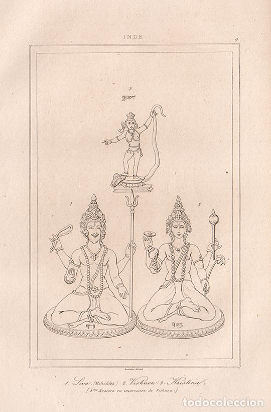 Arte: GRABADO AL ACERO DE 1845, SIVA, VISHNU Y KRISHNA, DEIDADES HIND&Uacute;S, LA INDIA, DE LEMA&Icirc;TRE