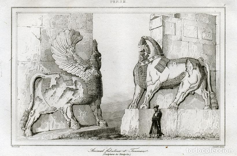 Arte: GRABADO AL ACERO DE 1841, ESCULTURAS DE ANIMALES EN PERS&Eacute;POLIS, ANTIGUA PERSIA, IR&Aacute;N, DE LEMA&Icirc;TRE