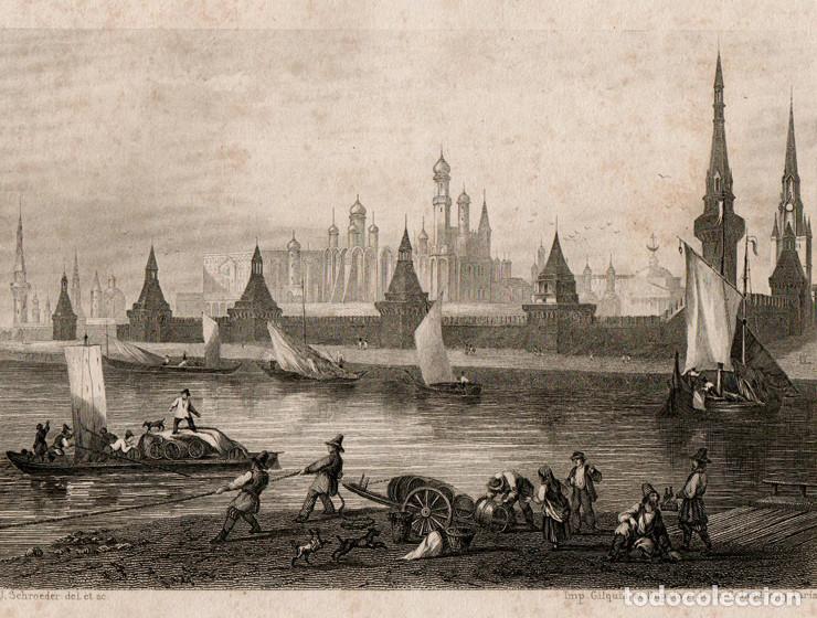Arte: GRABADO AL ACERO DE 1858, VISTA DE MOSC&Uacute;, R&Iacute;O MOSCOVA, KREMLIN, GRAN PALACIO, CATEDRAL. J. SCHROEDER