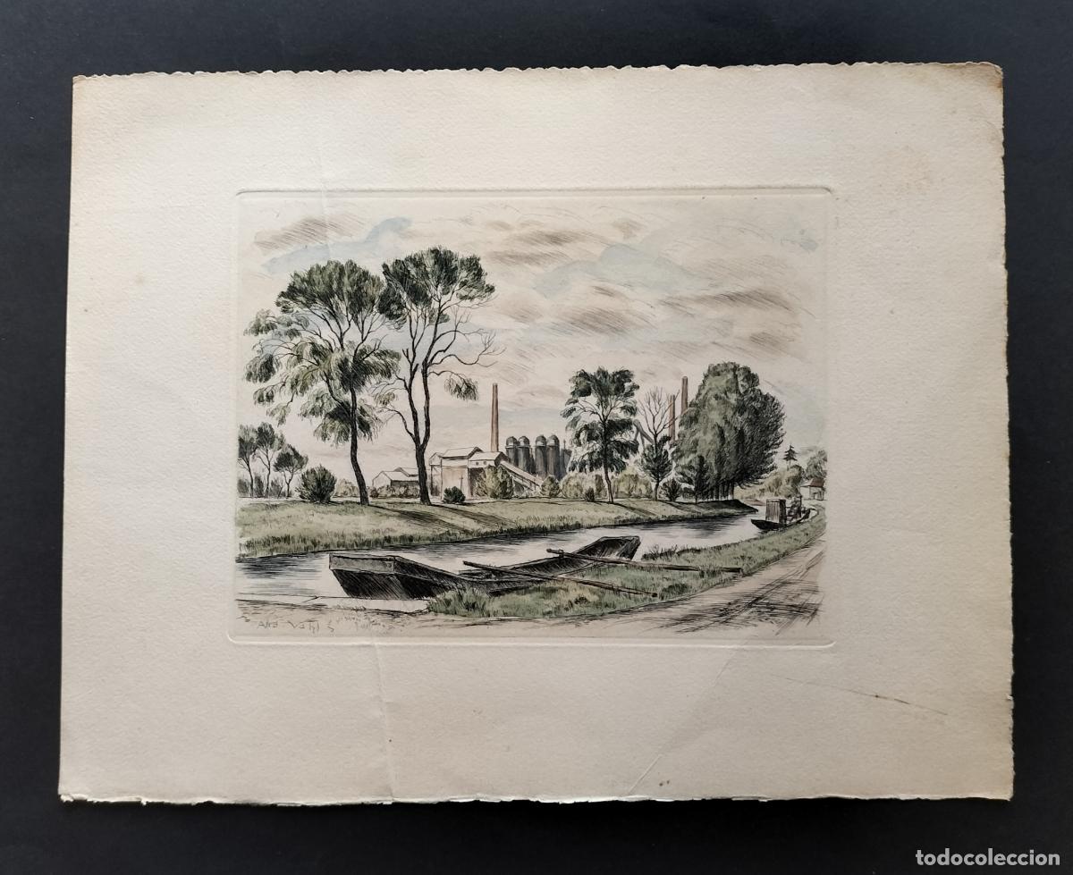 Arte: GRABADO ORIGINAL DE ANDR&Eacute; VAHL (1913-1983) : PAISAJE FLUVIAL DE LORENA (LORRAIN).