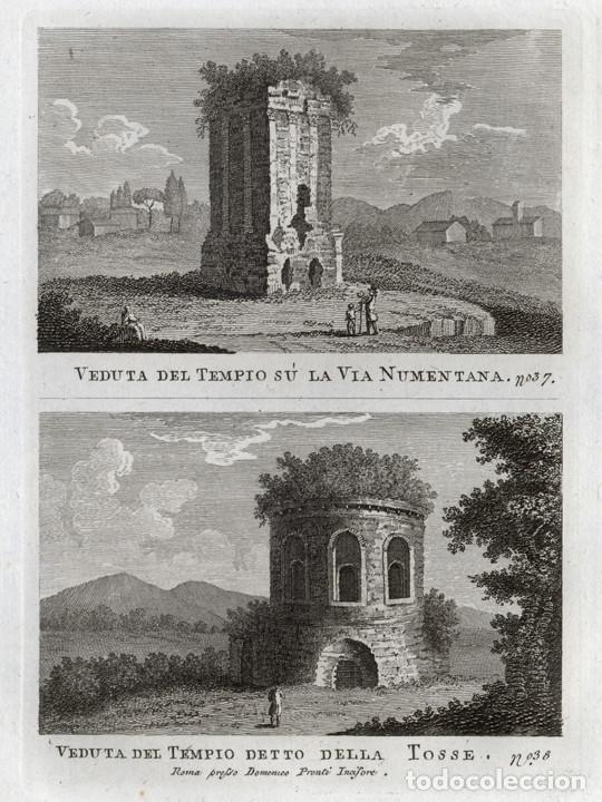 Arte: GRABADO A BURIL DE 1795, 2 VISTAS DE ROMA, DOMENICO PRONTI. TEMPLO VIA NOMENTANA, TEMPLO DELLA TOSSE