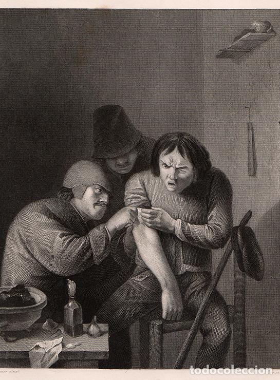 Arte: GRABADO AL ACERO DE 1849. EL BARBERO SANGRADOR, DE ADRIAEN BROUWER. GRAB&Oacute; CARSE. A. H. PAYNE BOOK OF