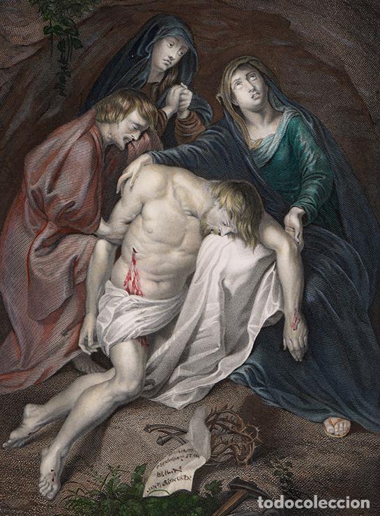 Arte: GRABADO AL ACERO DE 1849, COLOREADO: LAMENTACI&Oacute;N SOBRE CRISTO MUERTO, A. VAN DYCK. GRAB&Oacute; A. H. PAYNE