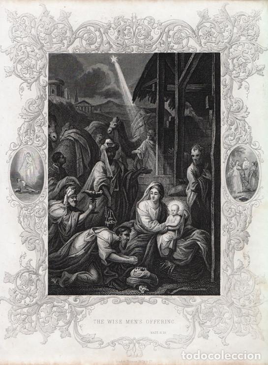 Arte: GRABADO AL ACERO DE 1864, ADORACI&Oacute;N Y OFRENDAS DE LOS REYES MAGOS. THOMAS KELLY & CO., FLEETWOOD