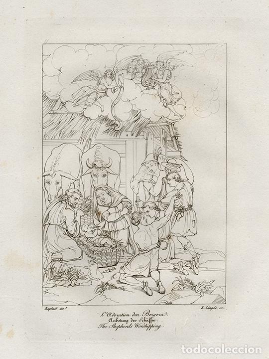 Arte: GRABADO L&Iacute;NEA COBRE DE 1819, LA ADORACI&Oacute;N DE LOS PASTORES, DE RAFAEL SANZIO, GRAV&Oacute; E. LING&Eacute;E, BOWYER