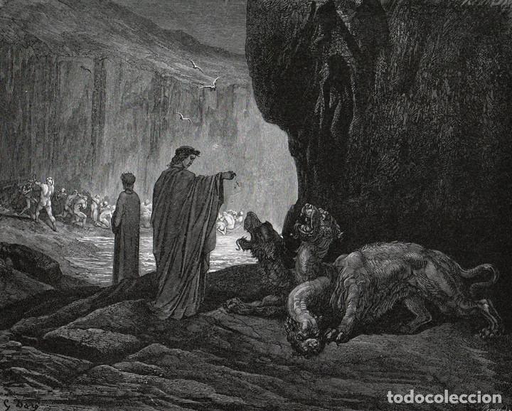 Arte: DOR&Eacute;, XILOGRAF&Iacute;A DE c.1883. DIVINA COMEDIA, DANTE. INFIERNO, VIRGILIO DA DE COMER A CERBERO. GRABADO