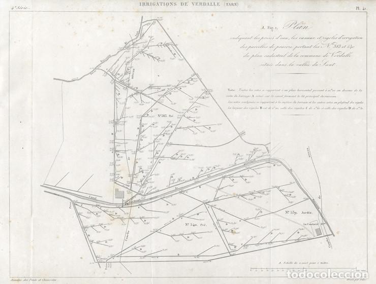Arte: GRABADO DE INGENIER&Iacute;A CIVIL DE 1862, PLANO DE CANALES, PRESAS Y ACEQUIAS DE RIEGO DE VERDALLE (TARN)