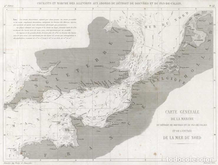Arte: GRABADO INGENIER&Iacute;A CIVIL 1862, PLANO DE CORRIENTES, ALUVIONES Y PROFUNDIDADES DEL CANAL DE LA MANCHA