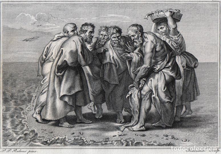 Arte: GRABADO A BURIL DE 1804, MONEDA DE LOS IMPUESTOS EN LA BOCA DE UN PEZ, DE RUBENS, GRAV&Oacute; FAULCONNIER