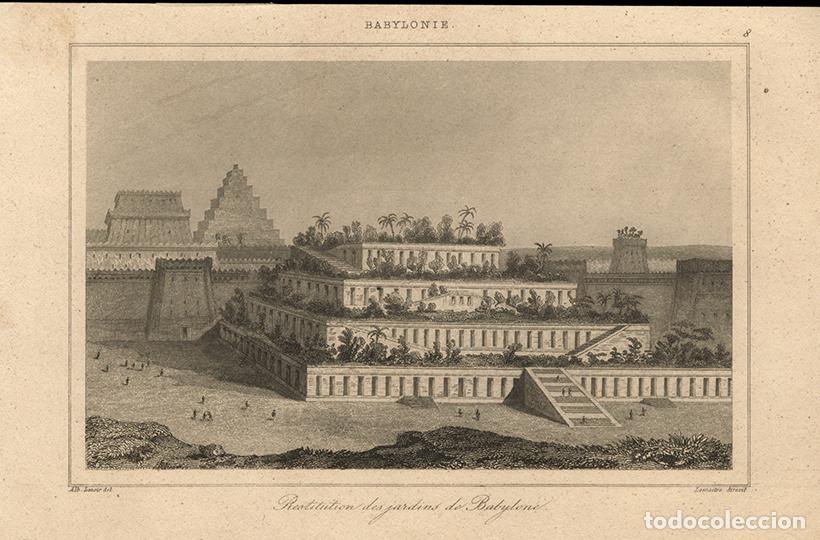 Arte: GRABADO AL ACERO DE 1852, RECONSTRUCCI&Oacute;N IDEALIZADA DE LOS JARDINES COLGANTES, BABILONIA, LEMA&Icirc;TRE