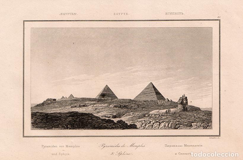 Arte: GRABADO AL ACERO DE 1839, VISTA DE LA ESFINGE Y LAS PIR&Aacute;MIDES DE GIZA, ANTIGUO EGIPTO, DE LEMA&Icirc;TRE
