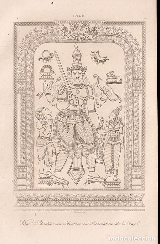 Arte: GRABADO AL ACERO DE 1845, VIRA-BHADRA, IMAGEN DE LA FORMA GUERRERA DE SIVA, LA INDIA, DE LEMA&Icirc;TRE
