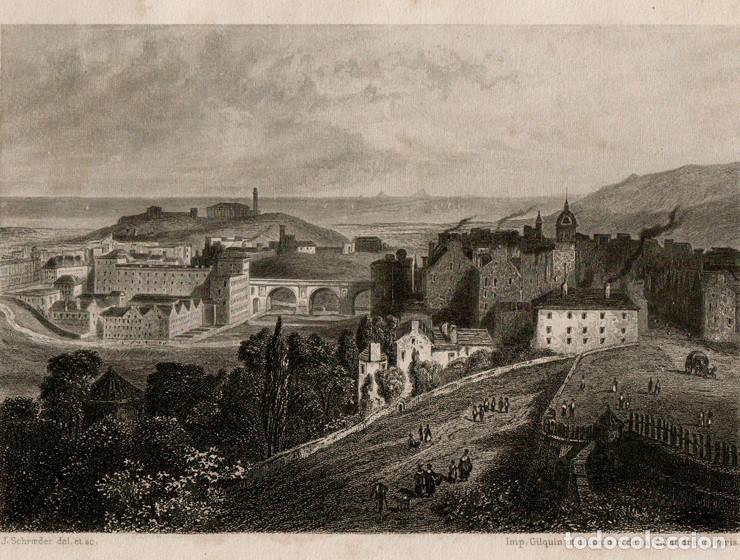 Arte: GRABADO AL ACERO DE 1858, VISTA DE EDIMBURGO, ESCOCIA, OLD TOWN Y NEW TOWN. GRAV&Oacute; J. SCHROEDER