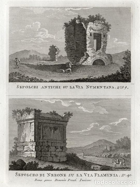 Arte: GRABADO A BURIL DE 1795, DOS VISTAS DE ROMA, DOMENICO PRONTI. SEPULCRO VIA NOMENTANA, TUMBA DE NER&Oacute;N