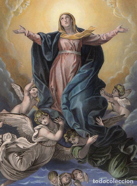 Arte: GRABADO AL ACERO DE 1849, COLOREADO: ASUNCI&Oacute;N DE LA VIRGEN MAR&Iacute;A, GUIDO RENI. W. FRENCH. A. H. PAYNE