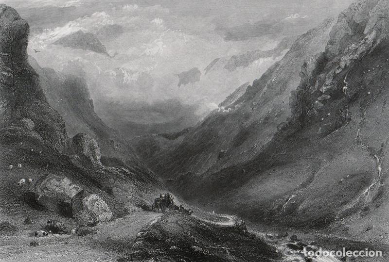 Arte: GRABADO AL ACERO DE 1873, VISTA DEL PASO DE GLENCOE, MASACRE JACOBITAS, McDONALD, ESTUARDO, ESCOCIA