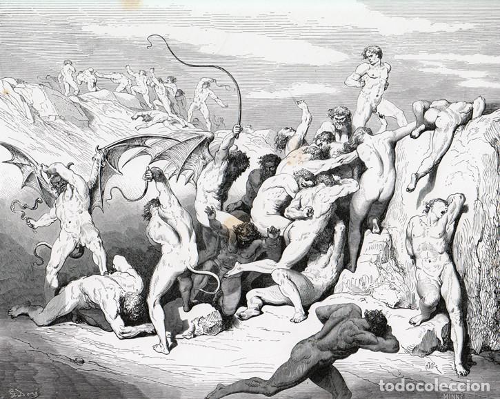 Arte: DOR&Eacute;, XILOGRAF&Iacute;A c.1883. DIVINA COMEDIA. INFIERNO, PRIMER FOSO, OCTAVO C&Iacute;RCULO, PROXENETAS. GRABADO