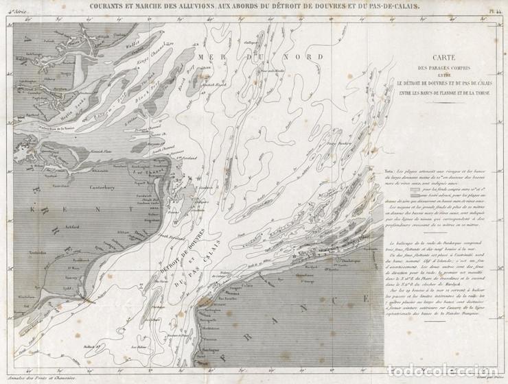 Arte: GRABADO INGENIER&Iacute;A CIVIL 1862, PLANO DE CORRIENTES, ALUVIONES Y PROFUNDIDADES DEL ESTRECHO DE DOVER