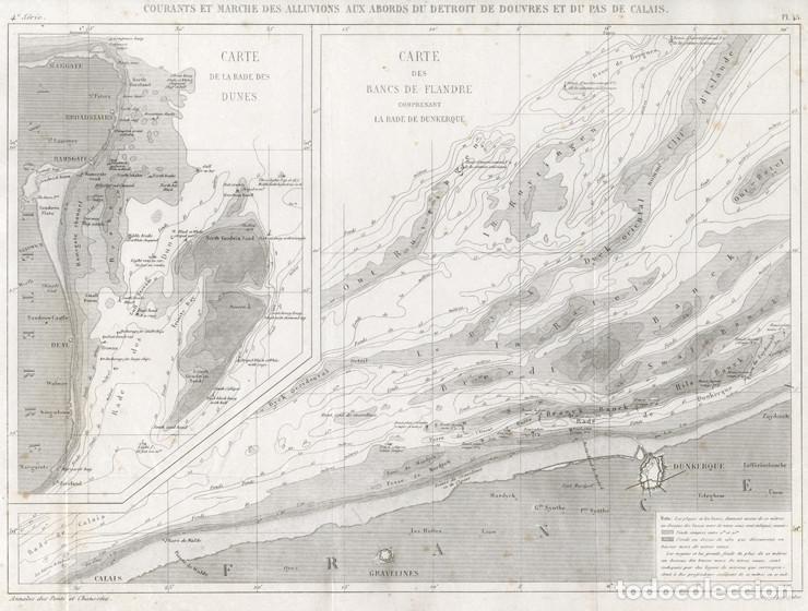 Arte: GRABADO INGENIER&Iacute;A CIVIL 1862, PLANO DE CORRIENTES, ALUVIONES Y PROFUNDIDADES EN DUNKERQUE Y DOWNS