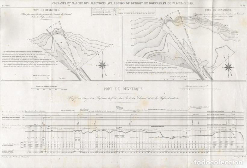 Arte: GRABADO DE INGENIER&Iacute;A CIVIL DE 1863, CUENCA NAVEGABLE DE DUNKERQUE TRAS LA DRAGA DE ARENA, INFOLIO