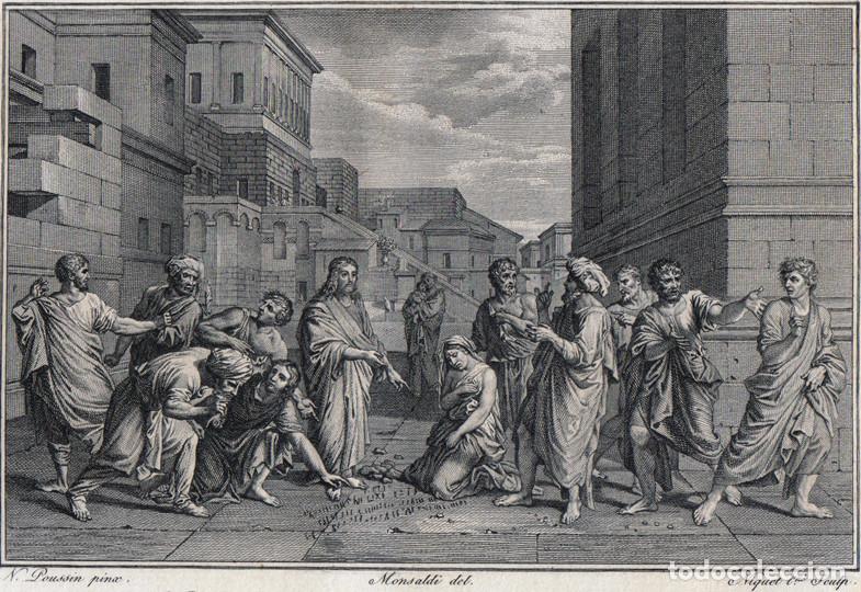 Arte: GRABADO A BURIL DE 1804, EL LIBRE DE CULPA Y LA PRIMERA PIEDRA, DE POUSSIN, GRAV&Oacute; NIQUET L'AIN&Eacute;, 4&ordm;