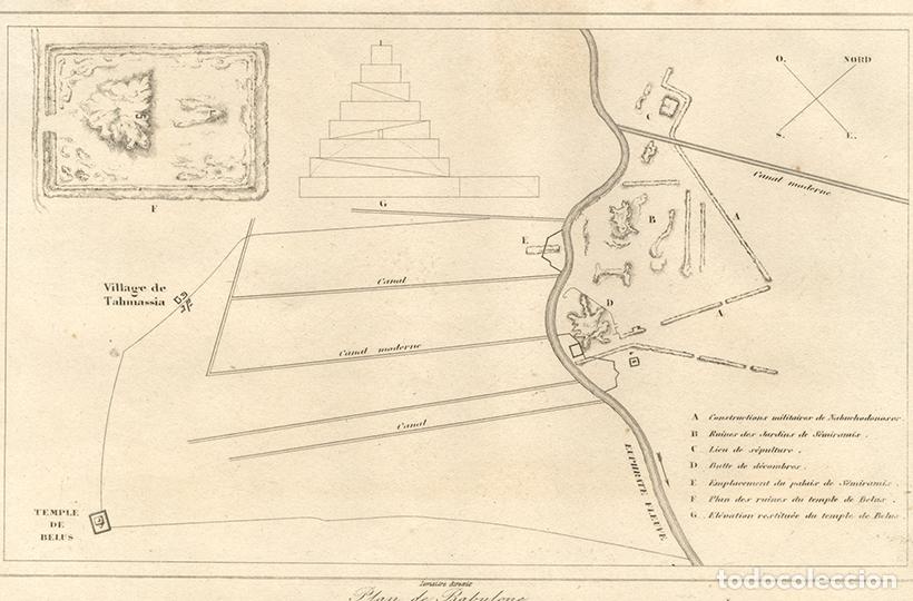 Arte: GRABADO AL ACERO DE 1852, PLANO DE BABILONIA SOBRE LAS RU&Iacute;NAS, ANTIGUA MESOPOTAMIA, DE LEMA&Icirc;TRE