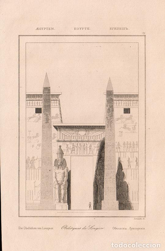 Arte: GRABADO AL ACERO 1839, OBELISCOS Y ESTATUAS EN TEMPLO DE LUXOR, RAMS&Eacute;S II, ANTIGUO EGIPTO, LEMA&Icirc;TRE