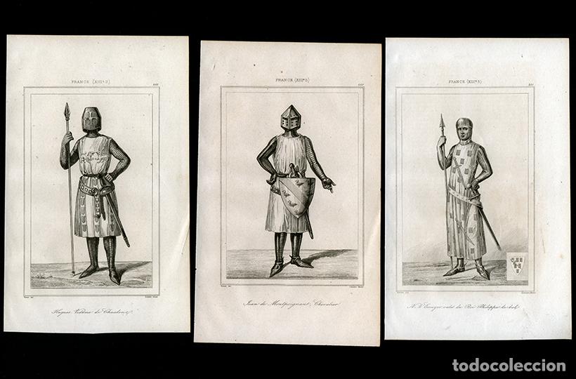 Arte: 3 GRABADOS AL ACERO DE 1841, CABALLEROS Y ESCUDEROS DEL SIGLO XIII, FRANCIA, DE LEMA&Icirc;TRE